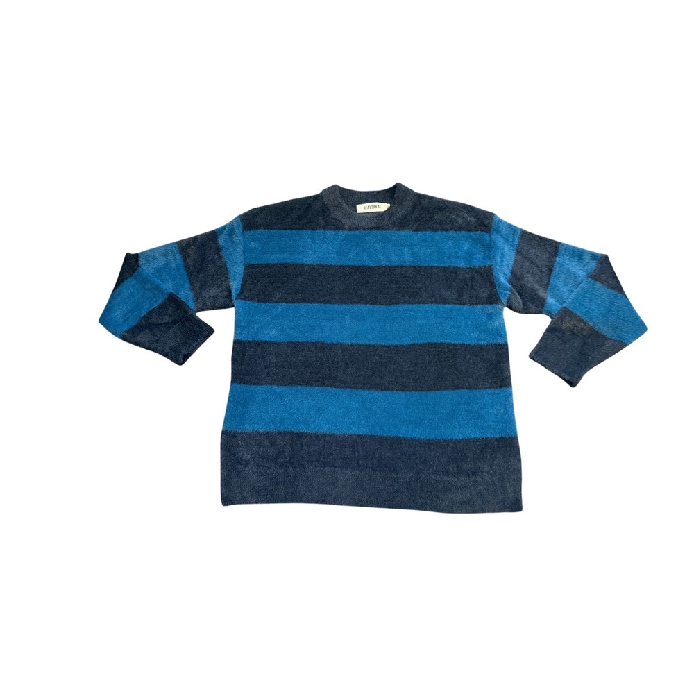 REALTAKAI Striped Fuzzy Knit Sweater Blue Black Streetwear Size M Indie Sleaze
